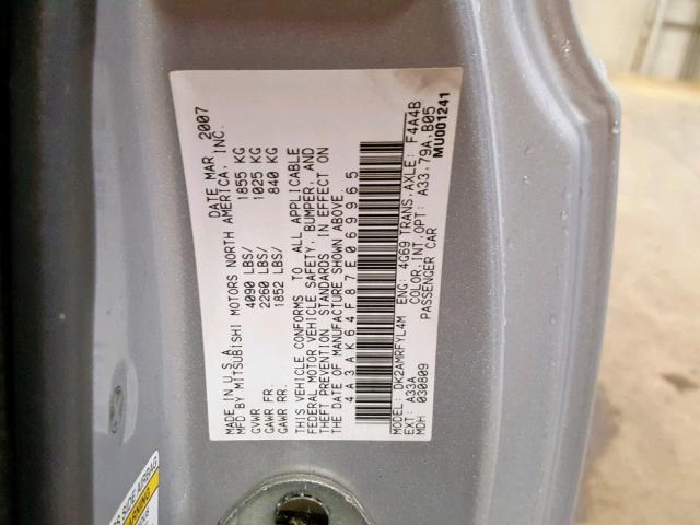 4A3AK64F87E069965 - 2007 MITSUBISHI ECLIPSE ES SILVER photo 10