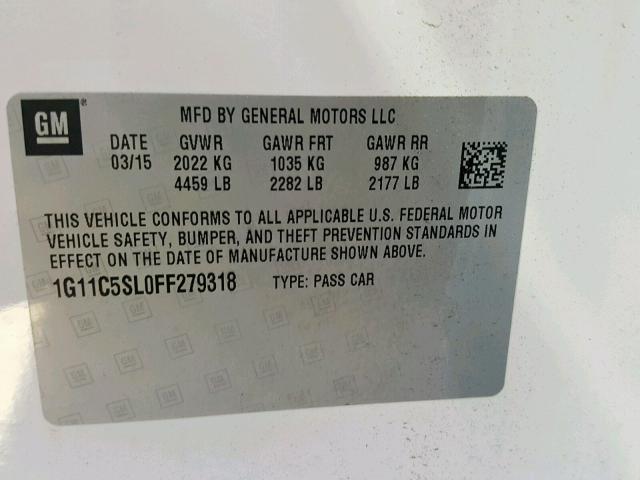 1G11C5SL0FF279318 - 2015 CHEVROLET MALIBU 1LT 白色 照片 10