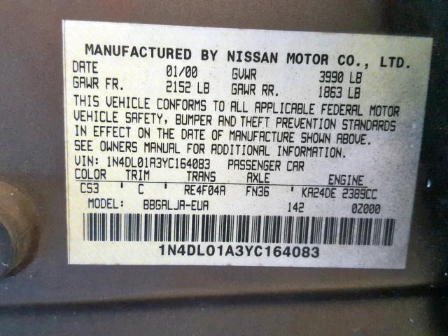 1N4DL01A3YC164083 - 2000 NISSAN ALTIMA XE TAN photo 10