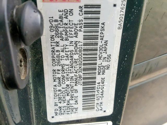 JTDBF32K820008017 - 2002 TOYOTA CAMRY LE 绿色 照片 10