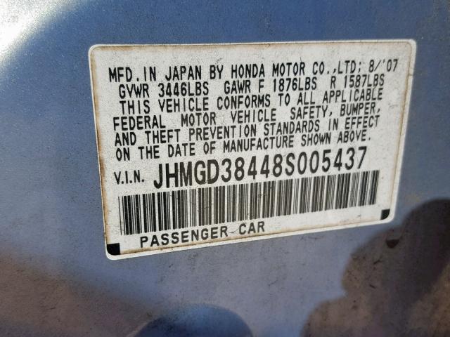 JHMGD38448S005437 - 2008 HONDA FIT BLUE photo 10