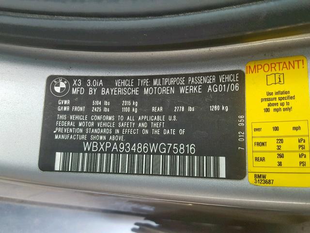 WBXPA93486WG75816 - 2006 BMW X3 3.0I SILVER photo 10