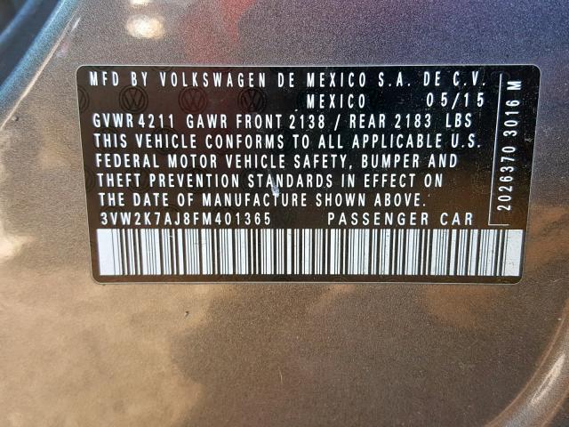 3VW2K7AJ8FM401365 - 2015 VOLKSWAGEN JETTA BASE Մոխրագույն լուսանկար 10