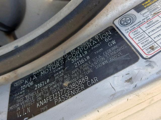 KNAFE121775380889 - 2007 KIA SPECTRA EX SILVER photo 10