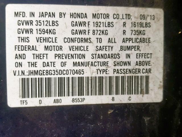 JHMGE8G35DC070465 - 2013 HONDA FIT BLUE photo 10