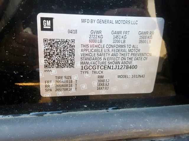 1GCGTCEN1J1278400 - 2018 CHEVROLET COLORADO L BLACK photo 10