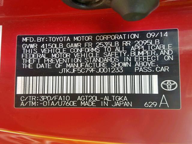 JTKJF5C79FJ001233 - 2015 TOYOTA SCION TC RED photo 10