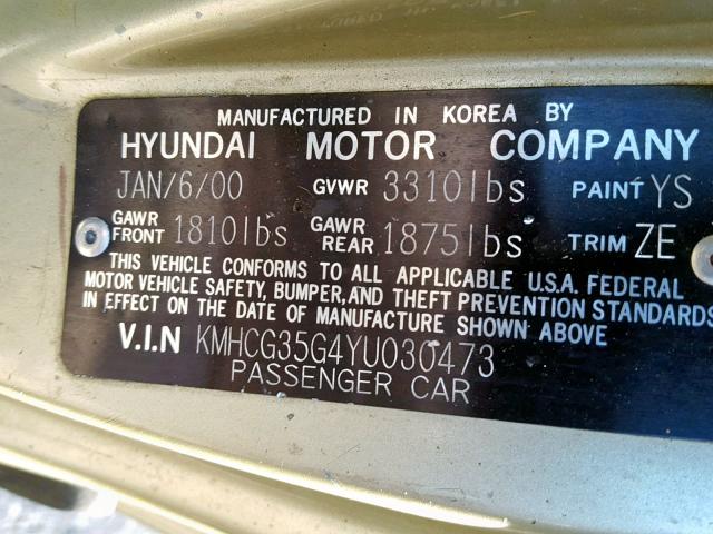 KMHCG35G4YU030473 - 2000 HYUNDAI ACCENT GS GOLD photo 10