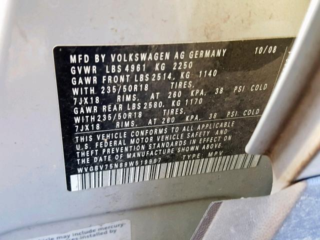 WVGBV75N89W519987 - 2009 VOLKSWAGEN TIGUAN SE SILVER photo 10