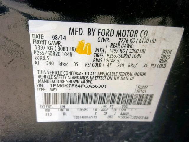 1FM5K7F84FGA56301 - 2015 FORD EXPLORER L BLACK photo 10