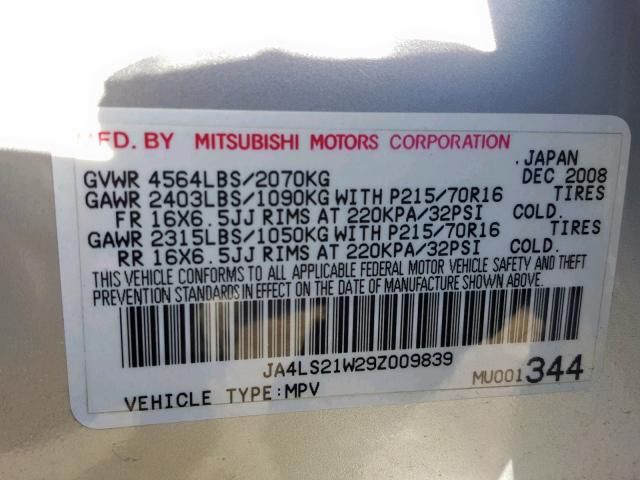 JA4LS21W29Z009839 - 2009 MITSUBISHI OUTLANDER SILVER photo 10