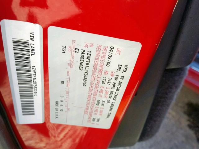 1ZWFT61L2Y5632440 - 2000 MERCURY COUGAR V6 RED photo 10