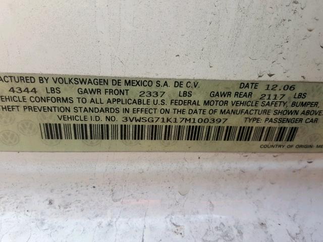 3VWSG71K17M100397 - 2007 VOLKSWAGEN JETTA 2.5 WHITE photo 10