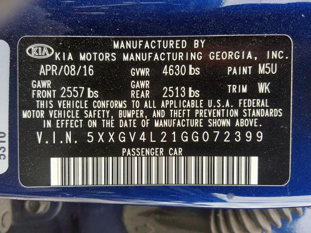 5XXGV4L21GG072399 - 2016 KIA OPTIMA SXL BLUE photo 10