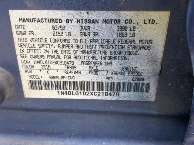 1N4DL01D2XC218479 - 1999 NISSAN ALTIMA XE BLUE photo 10