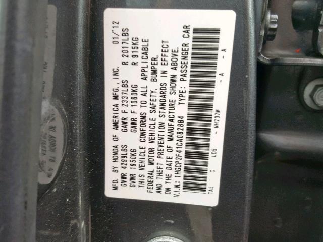 1HGCP2F41CA082884 - 2012 HONDA ACCORD LXP GRAY photo 10