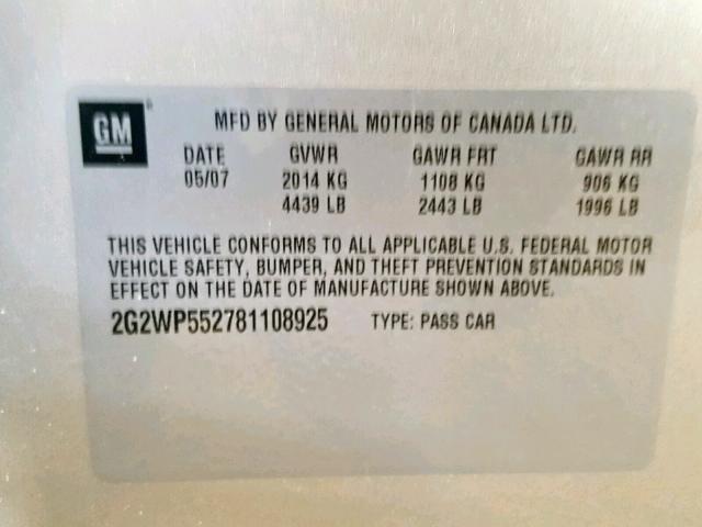 2G2WP552781108925 - 2008 PONTIAC GRAND PRIX GRAY photo 10