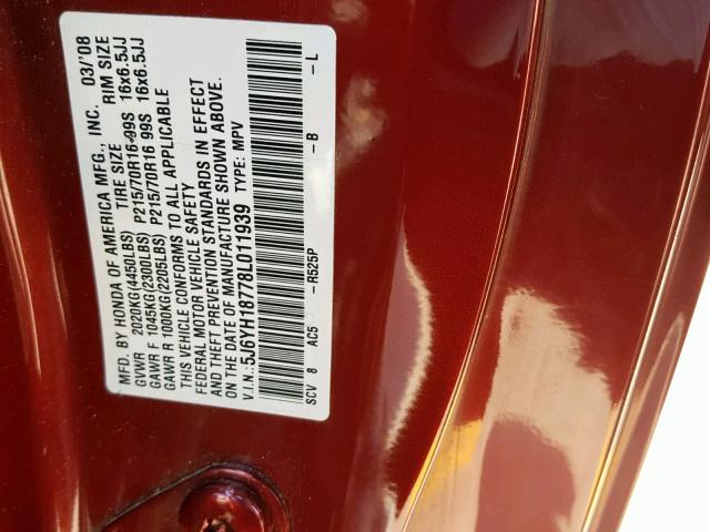 5J6YH18778L011939 - 2008 HONDA ELEMENT EX RED photo 10