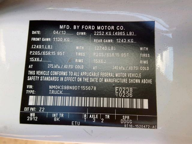 NM0KS9BN9DT155678 - 2013 FORD TRANSIT CO WHITE photo 10