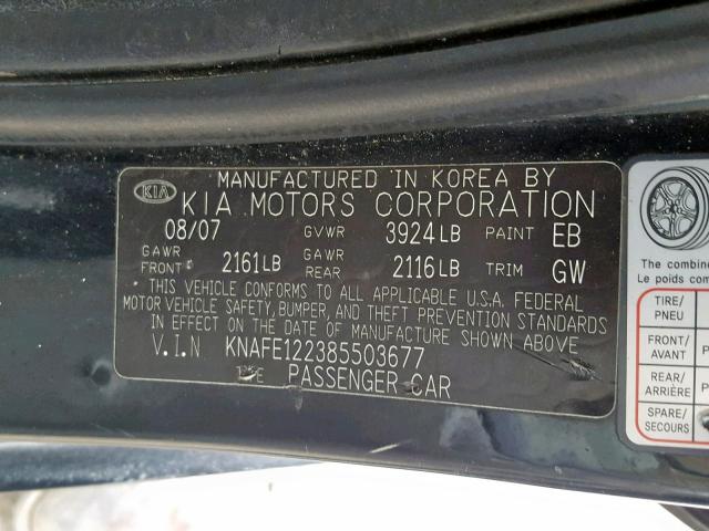 KNAFE122385503677 - 2008 KIA SPECTRA EX BLACK photo 10