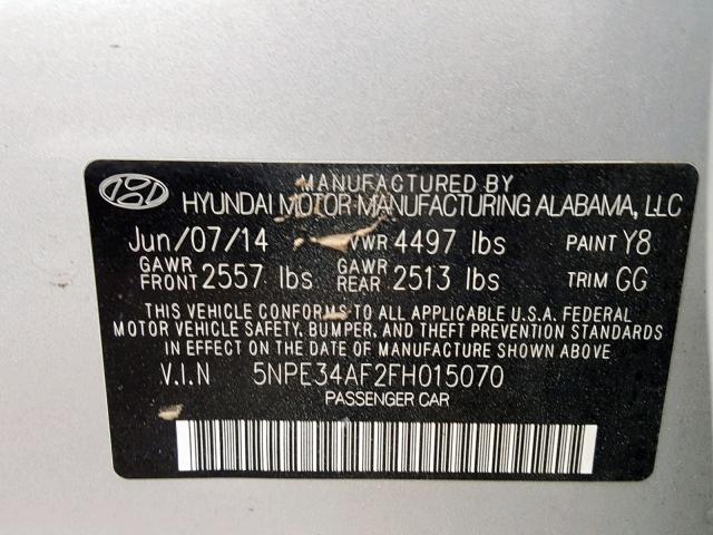 5NPE34AF2FH015070 - 2015 HYUNDAI SONATA SPO SILVER photo 10