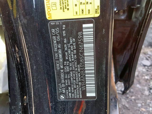 WBANB33585CN67598 - 2005 BMW 545 I BLACK photo 10