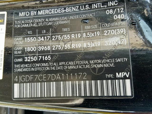 4JGDF7CE7DA111172 - 2013 MERCEDES-BENZ GL 450 4MA BLACK photo 10