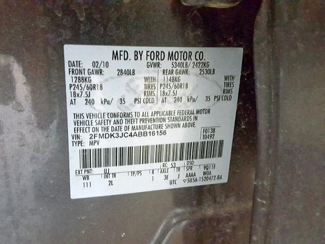 2FMDK3JC4ABB16156 - 2010 FORD EDGE SEL CHARCOAL photo 10