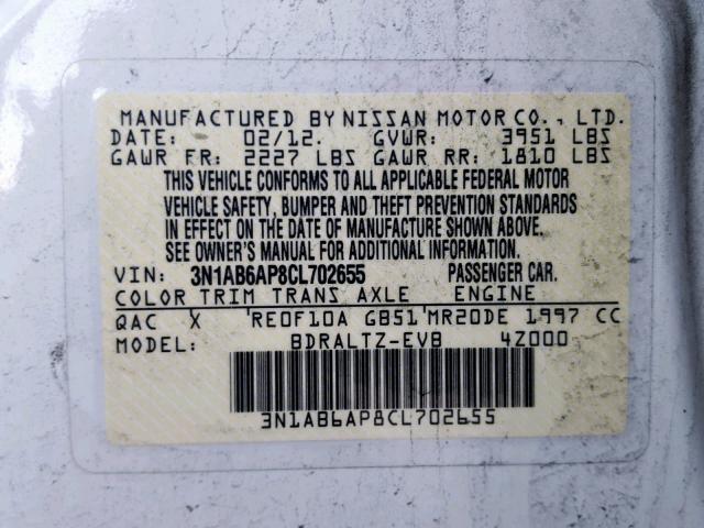 3N1AB6AP8CL702655 - 2012 NISSAN SENTRA 2.0 WHITE photo 10