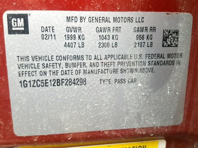 1G1ZC5E12BF284298 - 2011 CHEVROLET MALIBU 1LT წითელი ფოტო 10