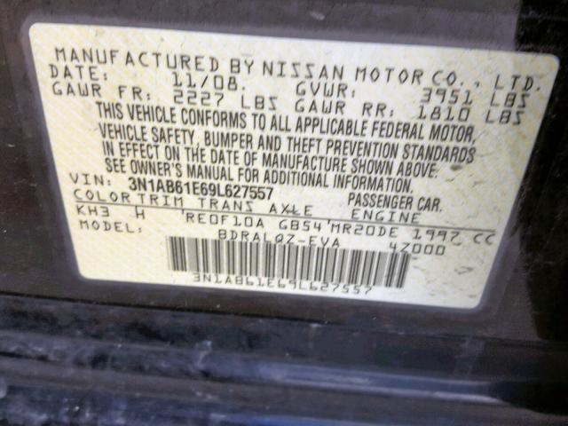 3N1AB61E69L627557 - 2009 NISSAN SENTRA 2.0 BLACK photo 10