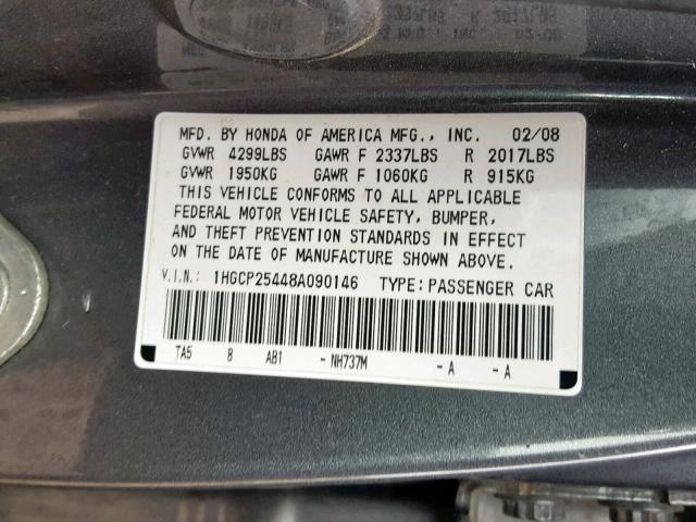 1HGCP25448A090146 - 2008 HONDA ACCORD LXP GRAY photo 10