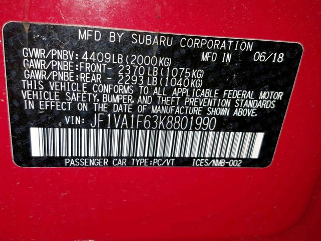 JF1VA1F63K8801990 - 2019 SUBARU WRX PREMIU RED photo 10