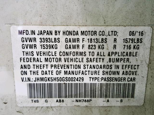 JHMGK5H50GS002429 - 2016 HONDA FIT LX WHITE photo 10