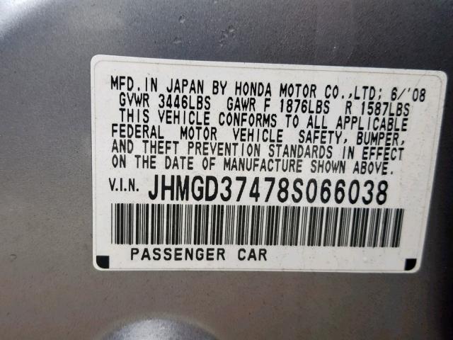 JHMGD37478S066038 - 2008 HONDA FIT SILVER photo 10