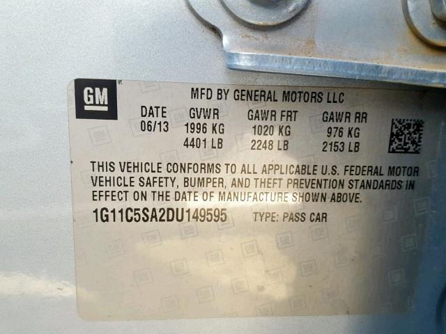 1G11C5SA2DU149595 - 2013 CHEVROLET MALIBU 1LT ლურჯი ფოტო 10