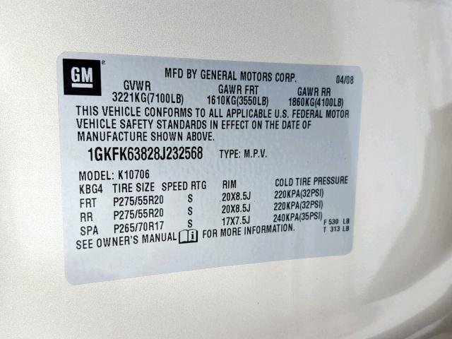 1GKFK63828J232568 - 2008 GMC YUKON DENA TAN photo 10