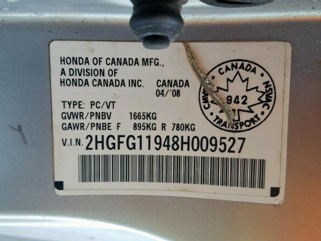 2HGFG11948H009527 - 2008 HONDA CIVIC EXL SILVER photo 10