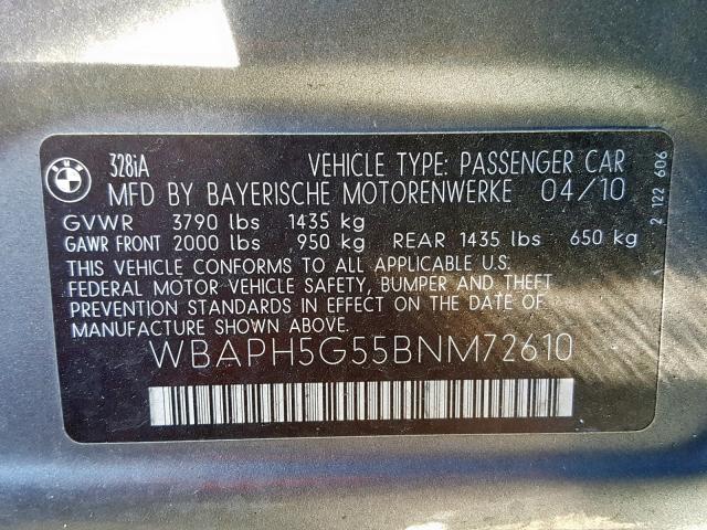 WBAPH5G55BNM72610 - 2011 BMW 328 I SULE GRAY photo 10