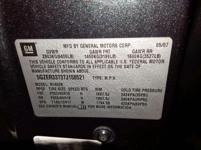 5GZER33737J158521 - 2007 SATURN OUTLOOK SP შავი ფოტო 10