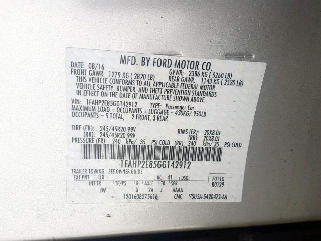 1FAHP2E85GG142912 - 2016 FORD TAURUS SEL SILVER photo 10