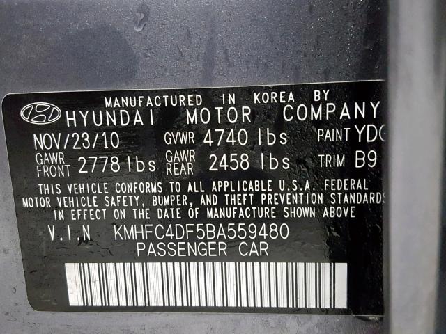 KMHFC4DF5BA559480 - 2011 HYUNDAI AZERA GLS GRAY photo 10