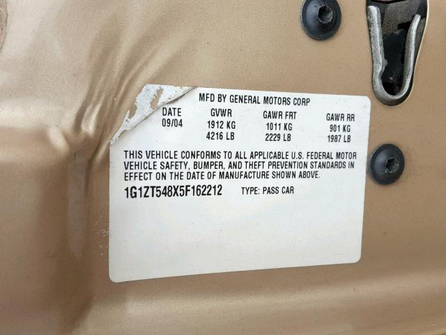 1G1ZT548X5F162212 - 2005 CHEVROLET MALIBU LS GOLD photo 10