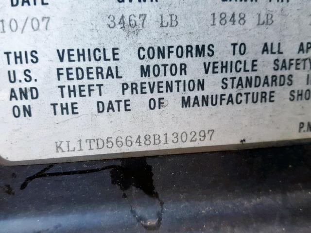 KL1TD56648B130297 - 2008 CHEVROLET AVEO BASE შავი ფოტო 10