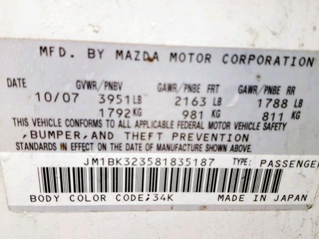 JM1BK323581835187 - 2008 MAZDA 3 S WHITE photo 10