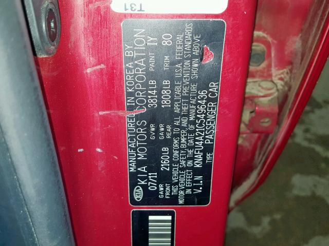 KNAFU4A21C5496436 - 2012 KIA FORTE EX RED photo 10