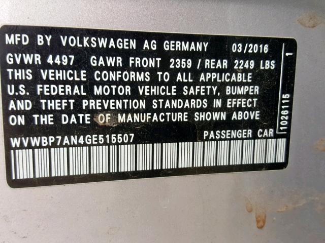 WVWBP7AN4GE515507 - 2016 VOLKSWAGEN CC BASE SILVER photo 10