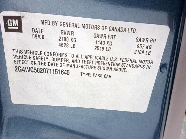 2G4WC582071151645 - 2007 BUICK LACROSSE C BLUE photo 10