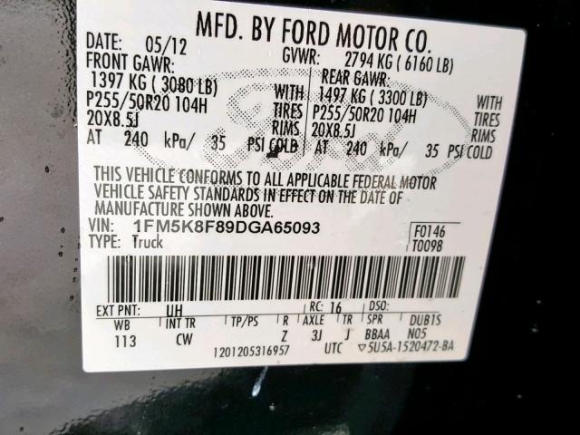 1FM5K8F89DGA65093 - 2013 FORD EXPLORER L BLACK photo 10