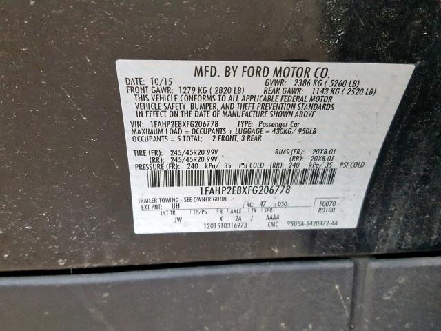 1FAHP2E8XFG206778 - 2015 FORD TAURUS SEL BLACK photo 10